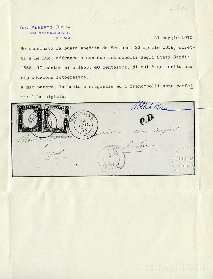 MONACO : 1858 SARDAIGNE 10c + 40c Obl. Cachet Sarde MENTONE Sur Enveloppe Pour LE LUC(FRANCE). RARE. DIENA Certificate(1 - 1853-1860 Napoleone III