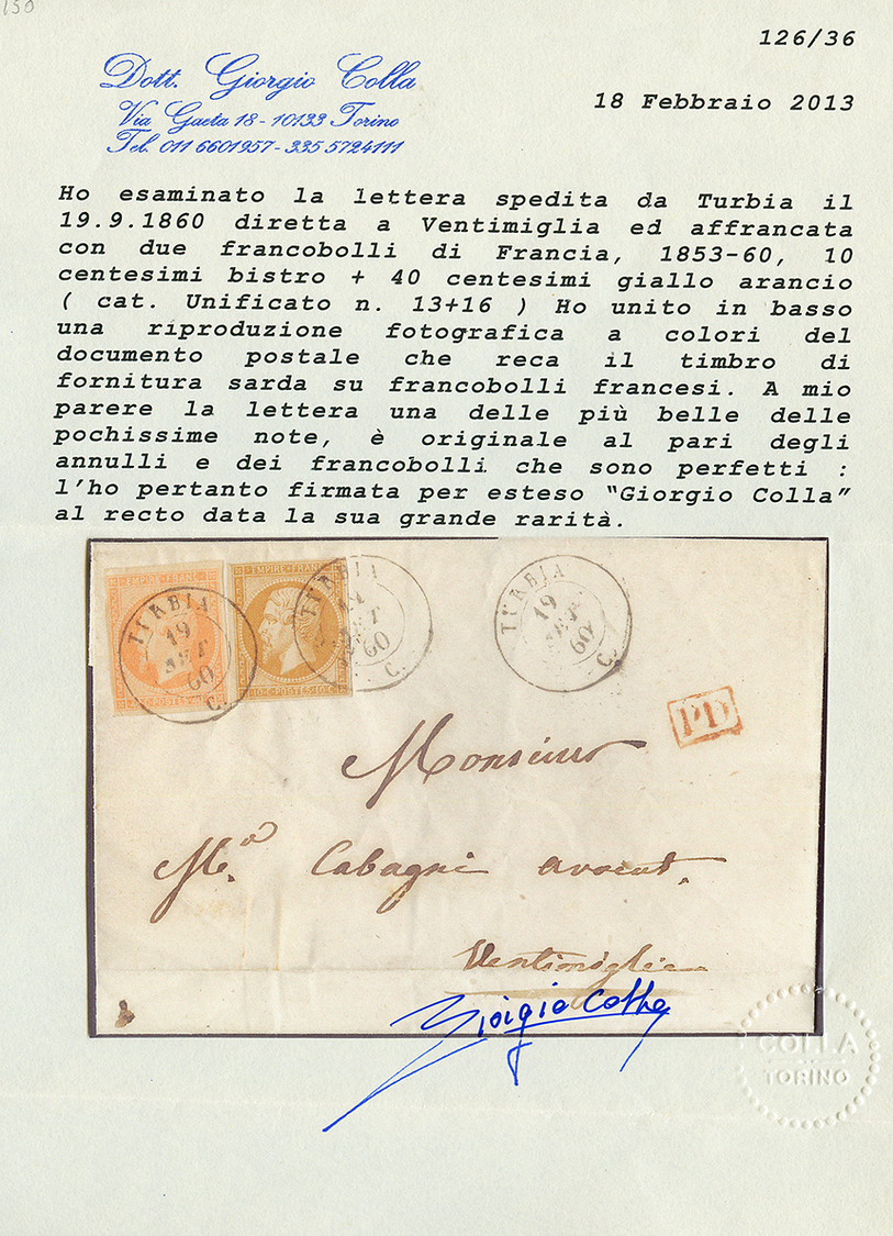 "LA TURBIE" : 1860 FRANCE 10c(n°13) + 40c(n°16) Obl. Cachet Sarde TURBIA Sur Lettre Pour VINTIMILLE. GRANDE RARETE. Cert - 1853-1860 Napoleone III