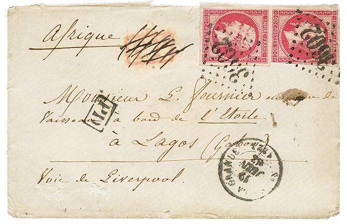 "Double Port Pour LAGOS" : 1863 Paire 80c(n°17) Pd Obl. GC 3602 + T.15 STE FOY LA GRANDE Sur Enveloppe Avec Texte Pour L - 1853-1860 Napoleone III