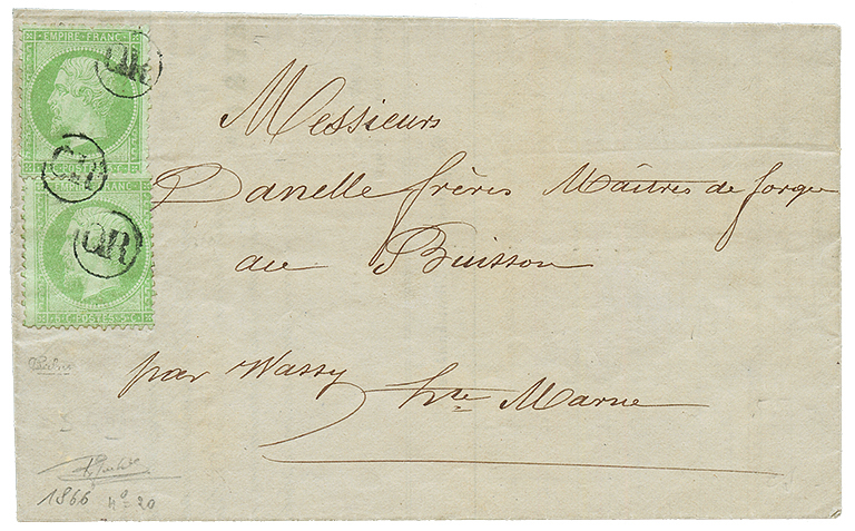 HAUTE MARNE : 1866 5c EMPIRE(n°20)x2 Obl. OR Sur Lettre Avec Texte Daté "ALLICHAMPS" Pour BUISSON Par WASSY. Signé CALVE - 1862 Napoleone III