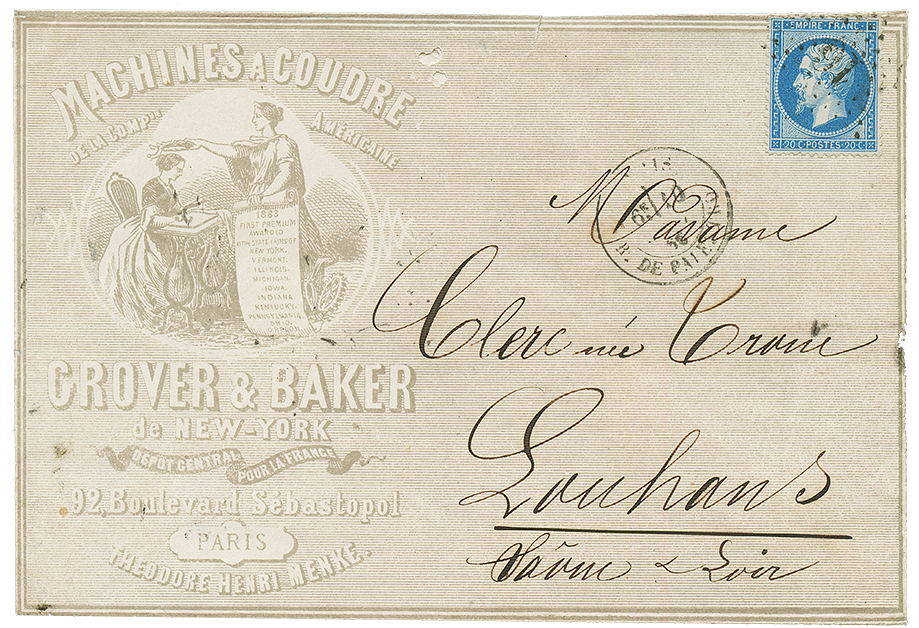 1866 20c(n°22) Obl. Sur Magnifique Enveloppe Illustrée "GROVER & BAKER" PARIS. Superbe. - 1862 Napoleone III