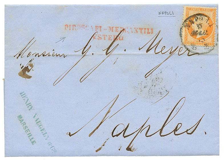 1865 40c(n°23) Obl. NAPOLI + PIROSCAFI-MERCANTILI/ESTERO Rouge Sur Lettre Pour NAPLES. TB. - 1862 Napoleone III