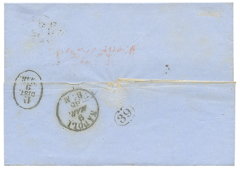 1865 40c(n°23) Obl. NAPOLI + PIROSCAFI-MERCANTILI/ESTERO Rouge Sur Lettre Pour NAPLES. TB. - 1862 Napoleone III