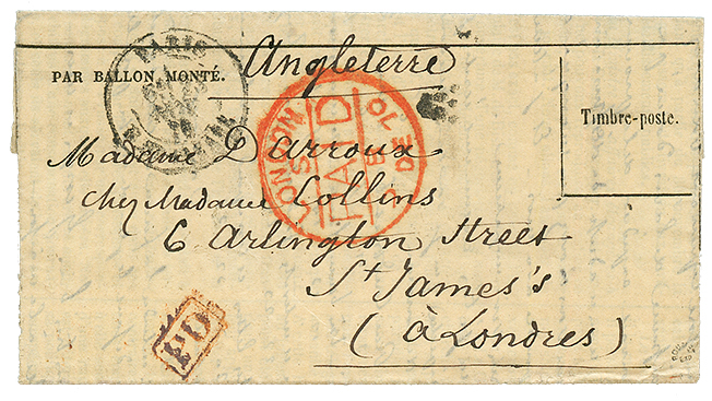 BALLON MONTE ACCIDENTE - "LA VILLE D' ORLEANS" : PARIS 23 NOVEMBRE 70 + Cachet Rouge LONDON 2 DEC 70 Sur Lettre "GAZETTE - Guerra Del 1870