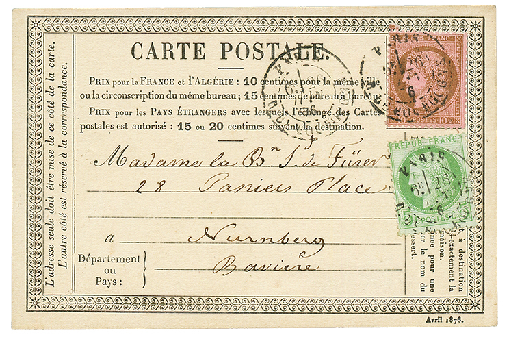 1876 CERES 5c + 10c Obl. PARIS Sur CARTE PRECURSEUR Pour NUREMBERG (BAVIERE). Superbe. - Altri & Non Classificati