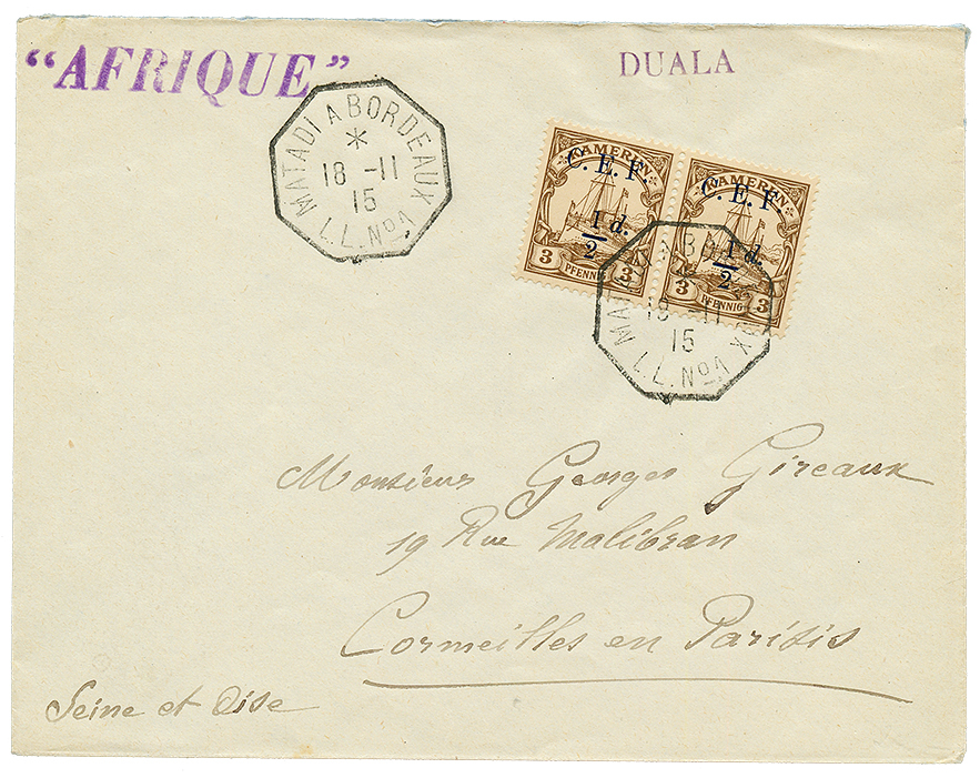 CAMEROUN - C.E.F. : 1915 1/2d S/ 3pf Obl. MATADI A BORDEAUX L.L N°1 + Paquebot "AFRIQUE" En Violet + DUALA Sur Enveloppe - Altri & Non Classificati