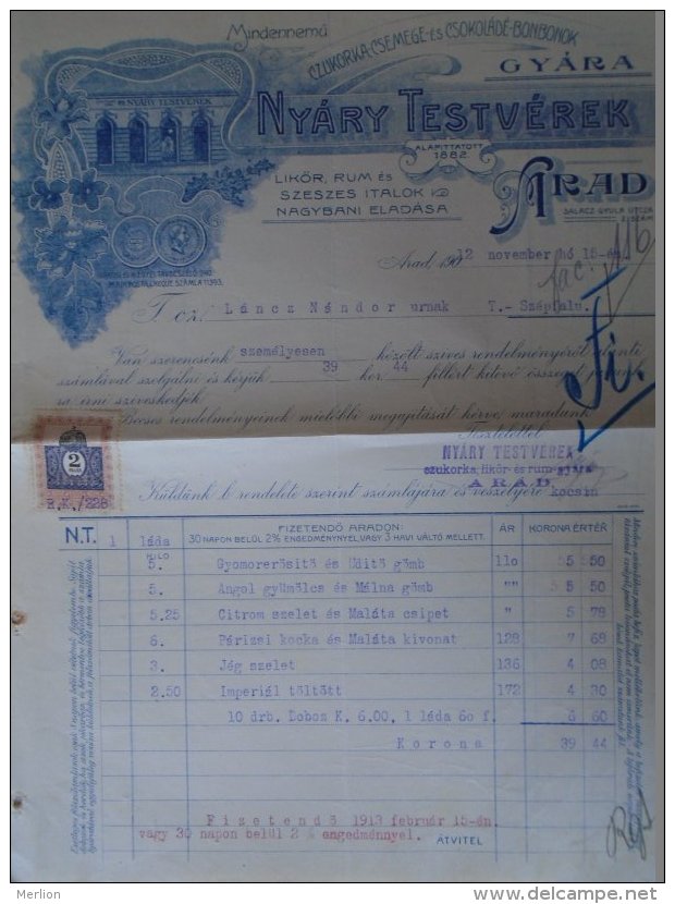 AV508A.5 Invoice Faktura - Arad  NYÁRI Testv. Liqueur Rhum En Gros 1912 - Revenue Stamp  - Temesszépfalu - Austria