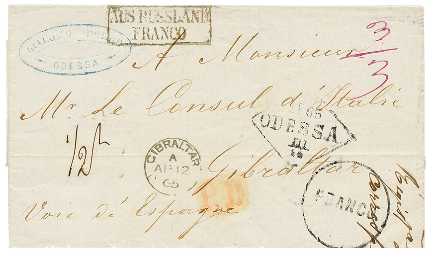 RUSSIA To GIBRALTAR : 1865 Entire Letter From ODESSA Via SPAIN To GIBRALTAR. Rare. Vvf. - Altri & Non Classificati
