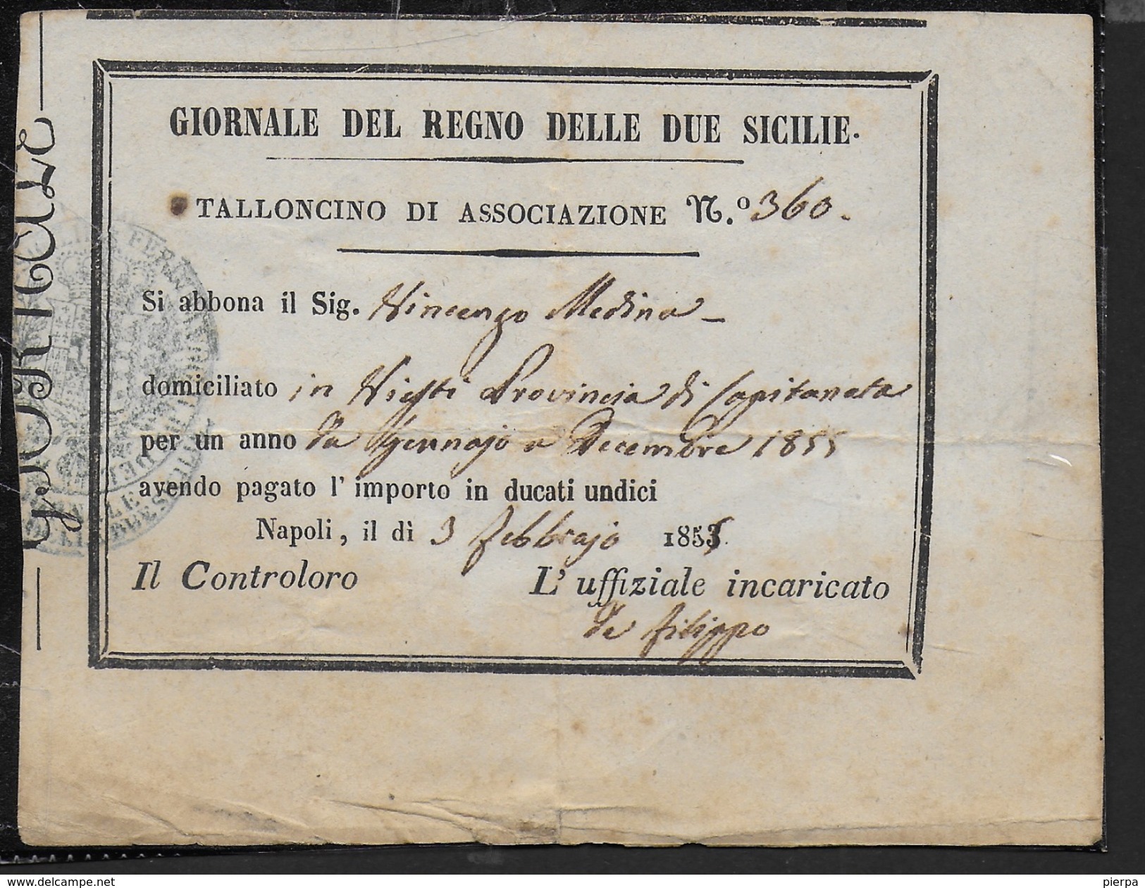 GIORNALE DELLE DUE SICILIE - TALLONCINO DI ASSOCIAZIONE 1855 - Non Classificati