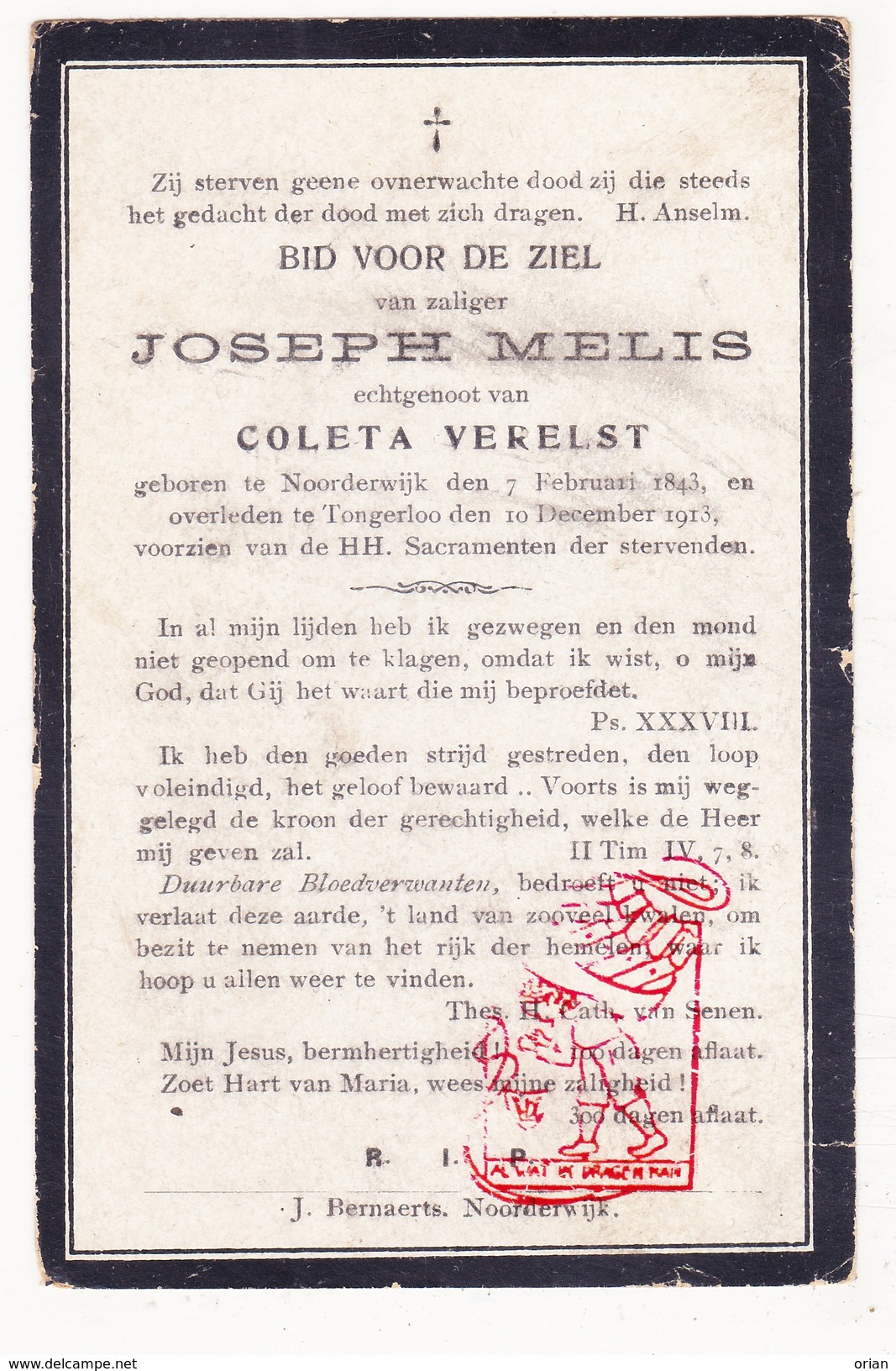 DP Joseph Melis ° Noorderwijk Herentals 1843 Tongerlo 1913 X Coleta Verelst - Devotion Images