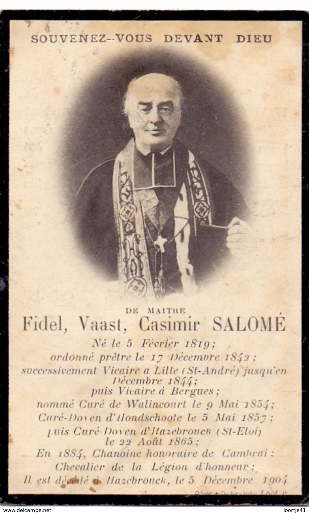 Doodsprentje Faire Part De Décès - Prètre Curé Fidel Salomé - Walincourt - Lille - Hondschoote Hazebrouck - 1819 - 1904 - Décès