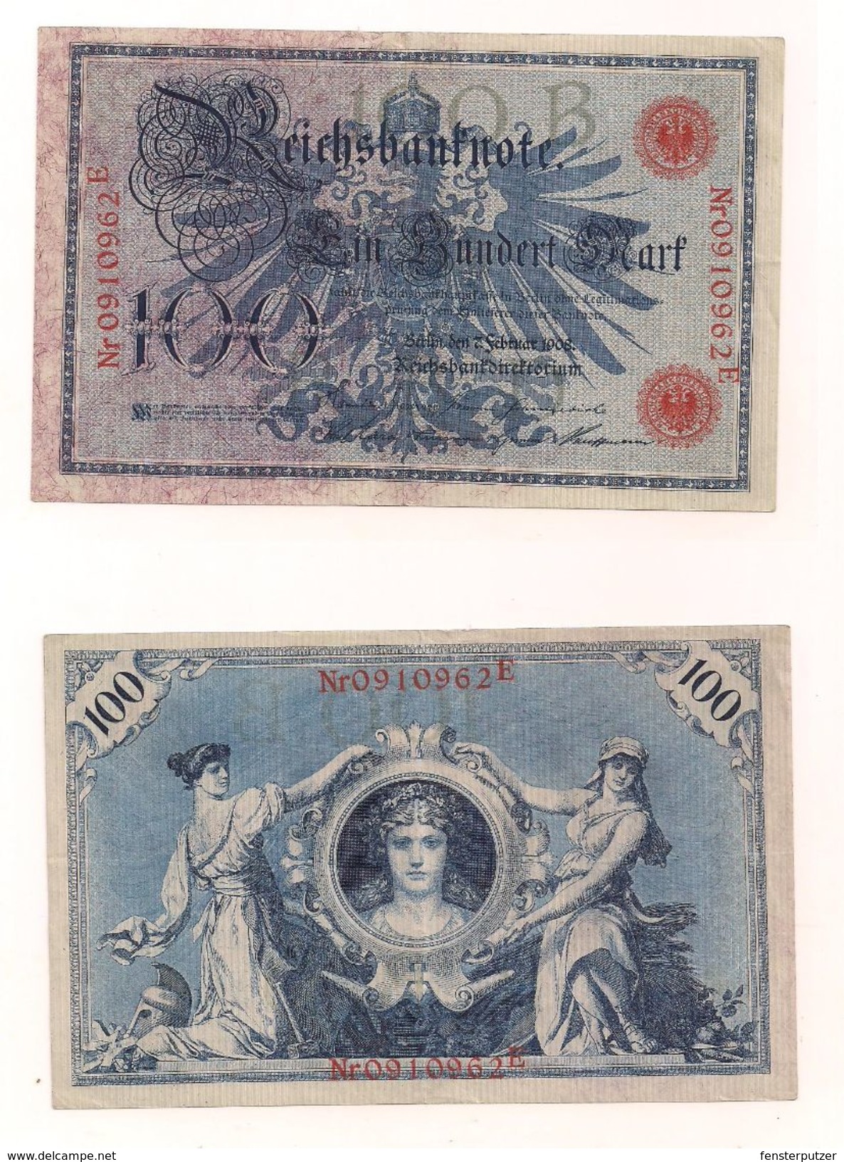 1 Gebrauchte Banknote Laut Abbildung 100 Mark 7.2.1908 Rote Serie, Voll Farbiger Adler - 100 Mark