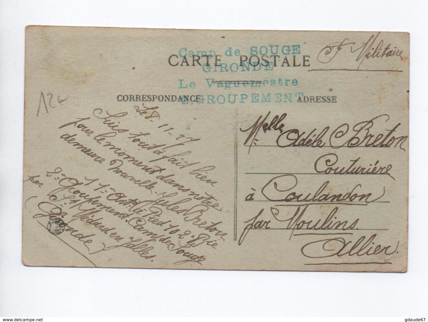 1927 - CARTE FM Avec CACHET Du CAMP DE SOUGE (GIRONDE) / 2° GROUPEMENT - Military Postmarks From 1900 (out Of Wars Periods)