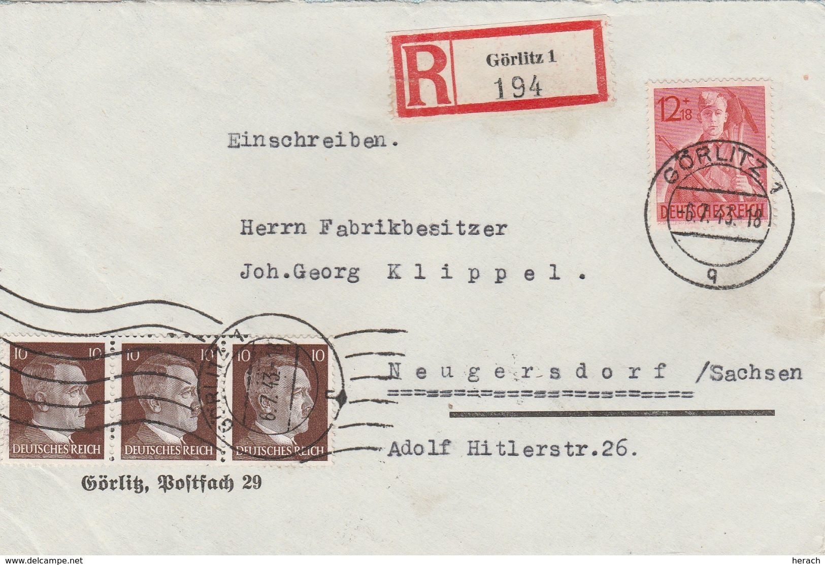 Allemagne Lettre Recommandée Görlitz 1943 - Other & Unclassified