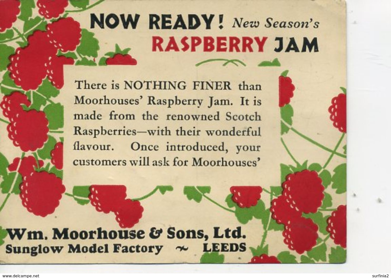 ADVERT - Wm MOORHOUSE & SONS RASPBERRY JAM 1929 - Publicidad