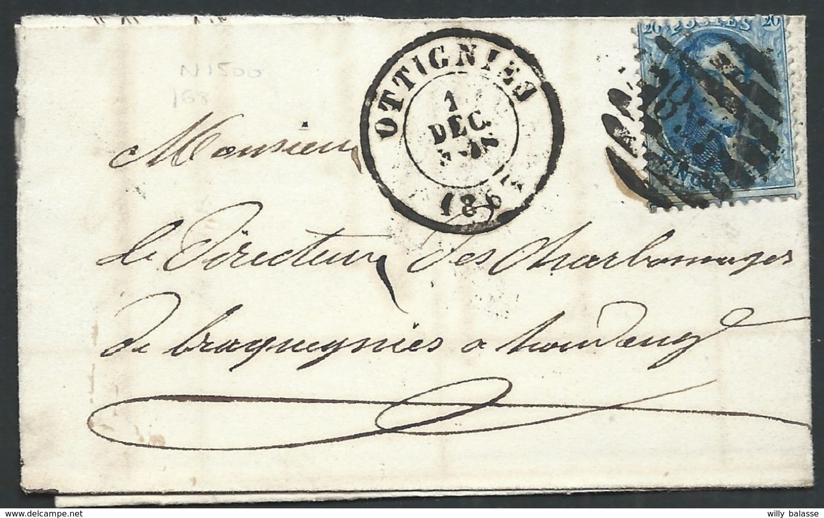 L Affr 20c Bleu  P8b 168 OTTIGNIES/1863 Pour Bracquegnies - 1863-1864 Medaglioni (13/16)