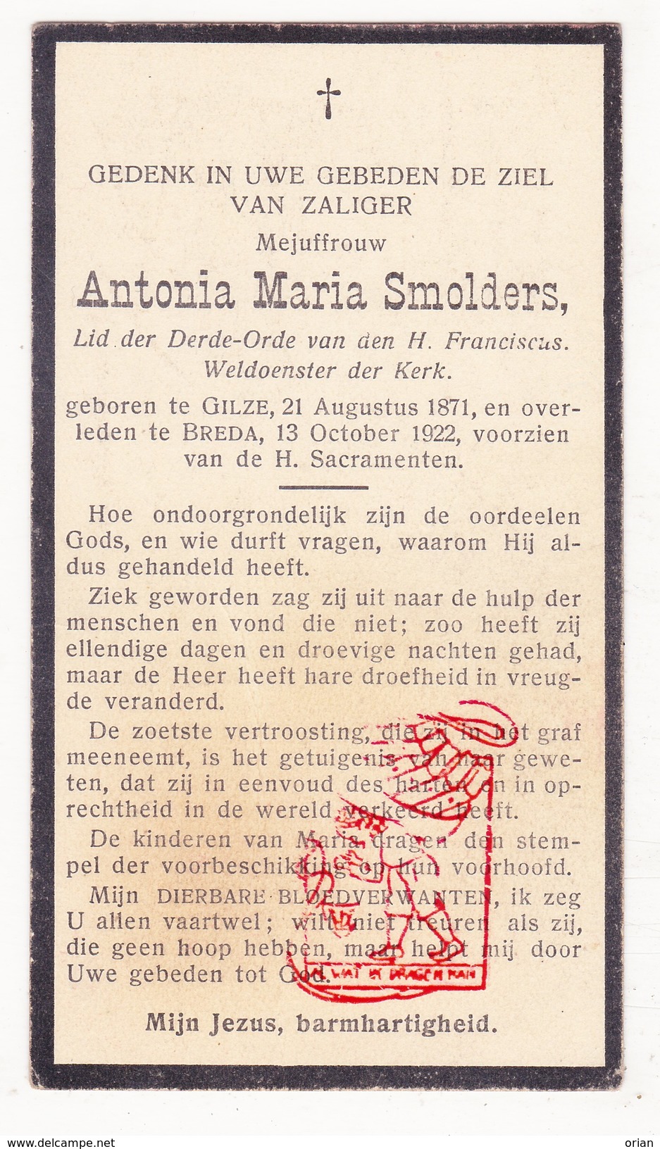 DP Antonia M. Smolders ° Gilze Gilze En Rijen NL NB 1871 † Breda 1922 - Images Religieuses