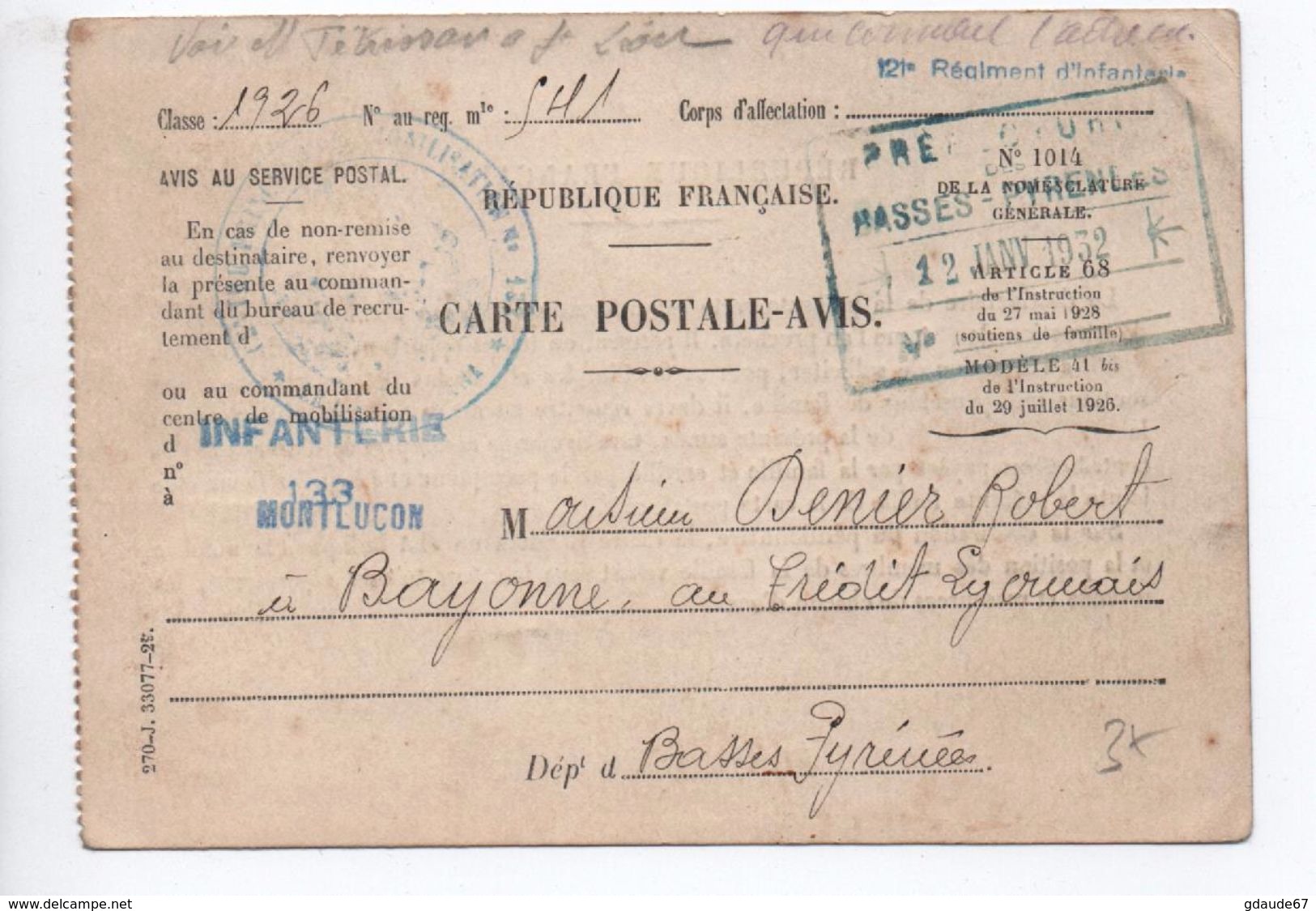 1932 - CARTE POSTALE AVIS FM Avec CACHET Du 121° REGT D'INFANTERIE DE MONTLUCON (ALLIER) - Military Postmarks From 1900 (out Of Wars Periods)