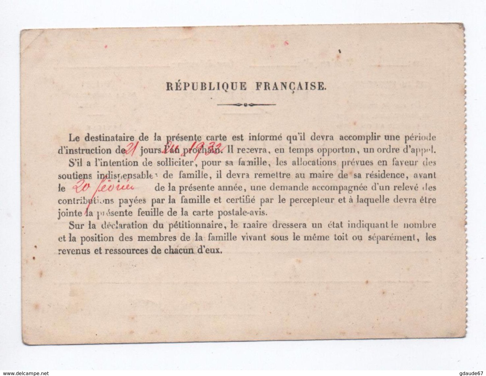 1932 - CARTE POSTALE AVIS FM Avec CACHET Du 121° REGT D'INFANTERIE DE MONTLUCON (ALLIER) - Military Postmarks From 1900 (out Of Wars Periods)