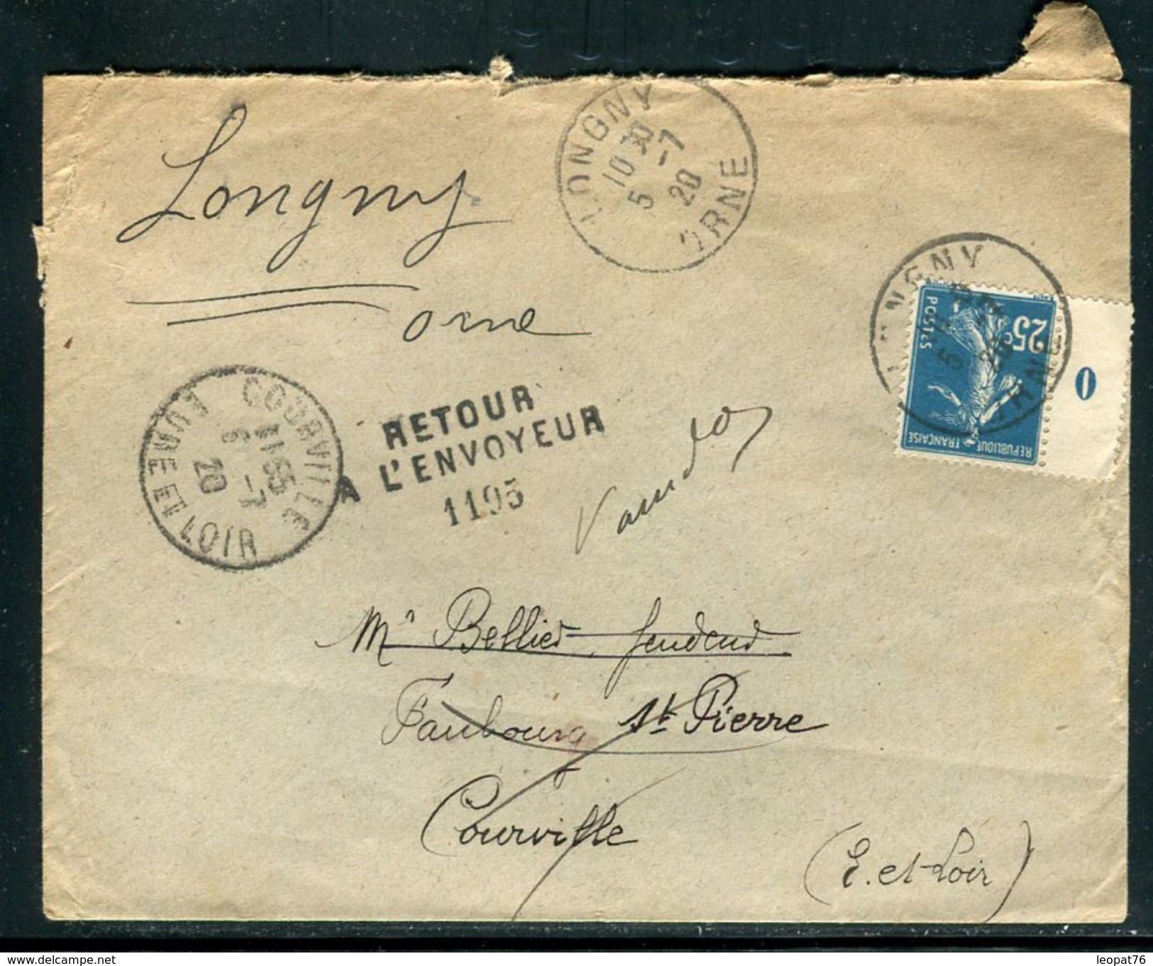 France - Enveloppe De Longny Pour Courville En 1920 Et Retour, Affr. Semeuse Millésime O- Ref N 255 - 1877-1920: Période Semi Moderne