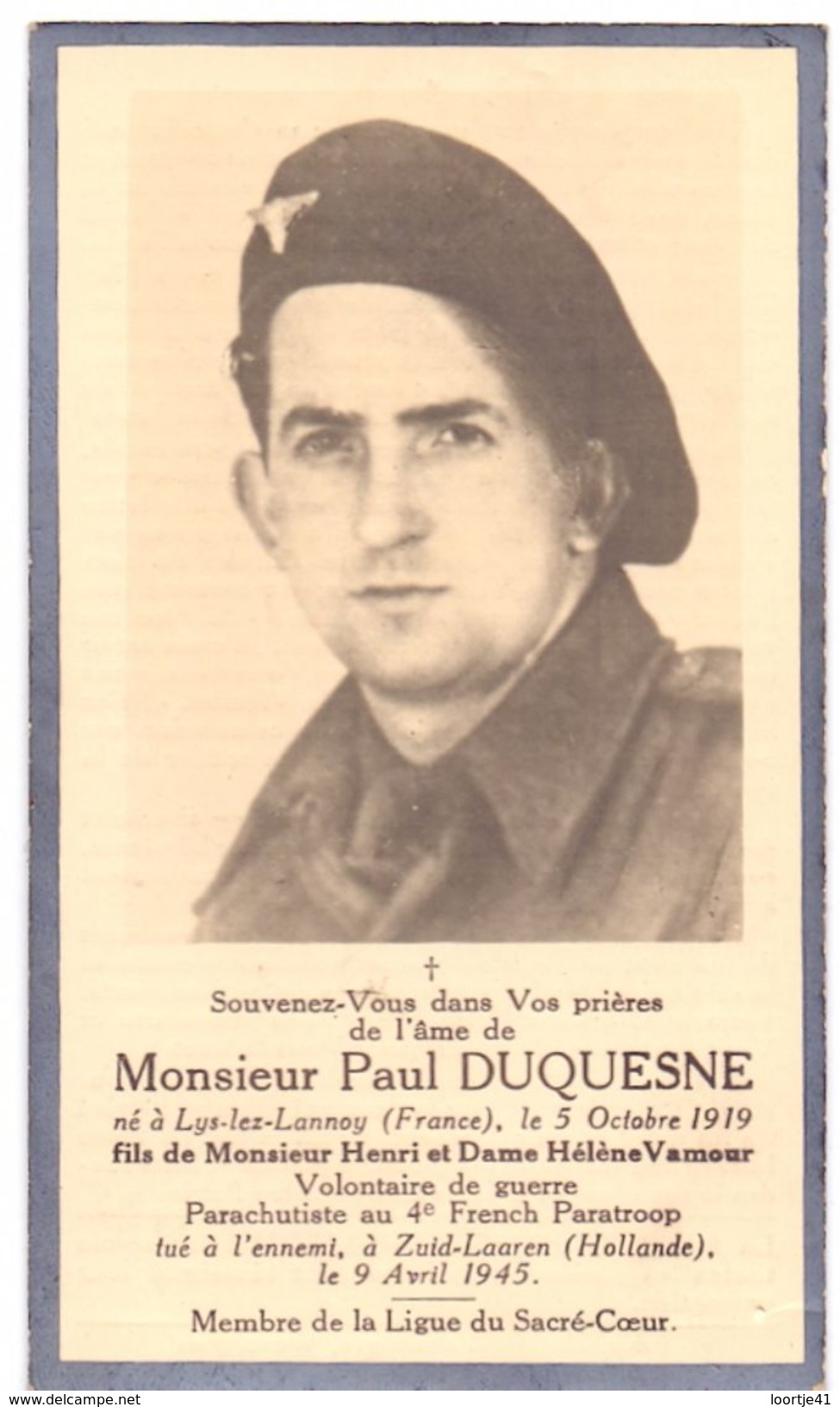 Devotie Devotion Oorlogsslachtoffer Volontaire De Guerre Parachutiste Paul Duquesne Lys Lez Lannoy 1919 - Hollande 1945 - Décès