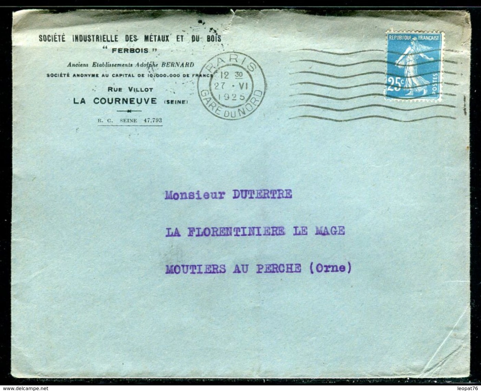 France - Enveloppe Commerciale De La Courneuve Pour Moutiers Au Perche En 1925 - Ref N 259 - 1921-1960: Période Moderne