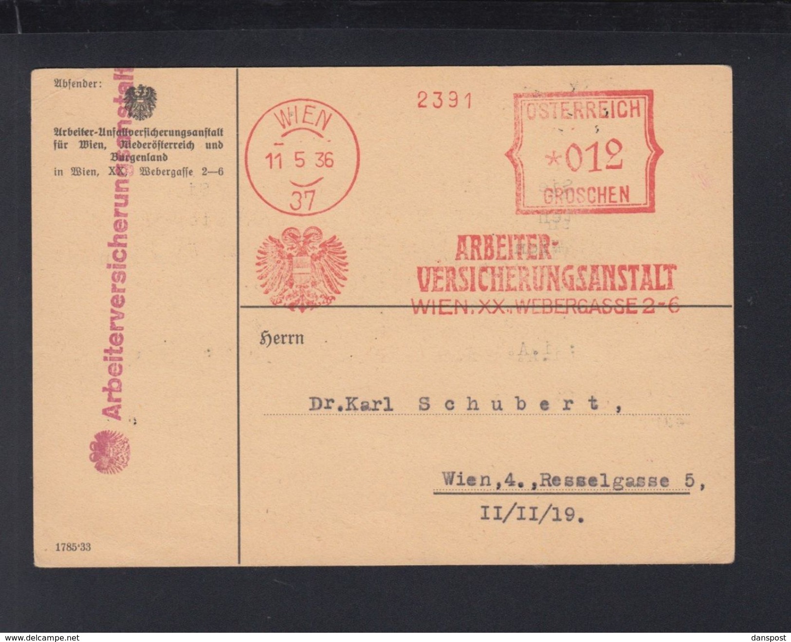 Österreich PK 1936 Freistempel Arbeiter Versicherungsanstalt - Storia Postale