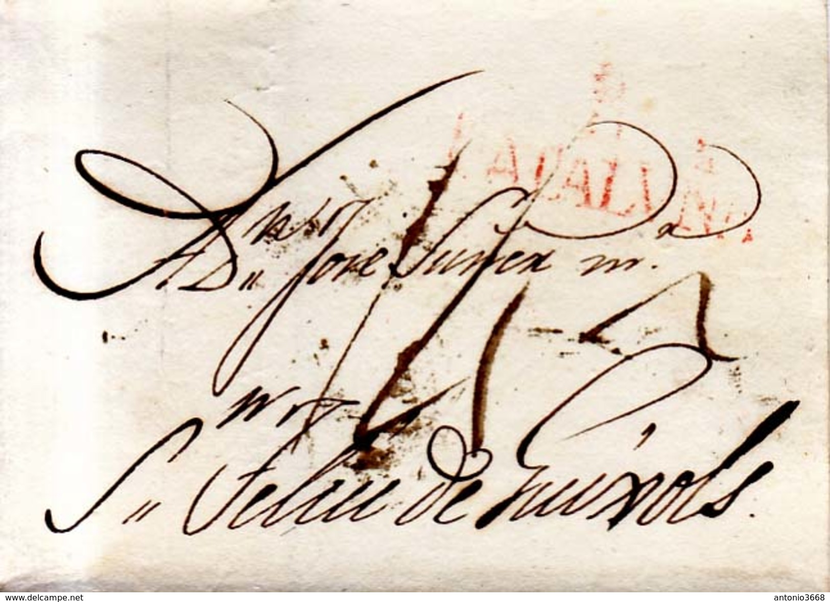 Prefilatelia Año 1820 Aprox Carta Circulada  De Baarcelona A San Feliu De Guixols   Marcas B Cataluña Y Porteo Escrito - ...-1850 Prephilately