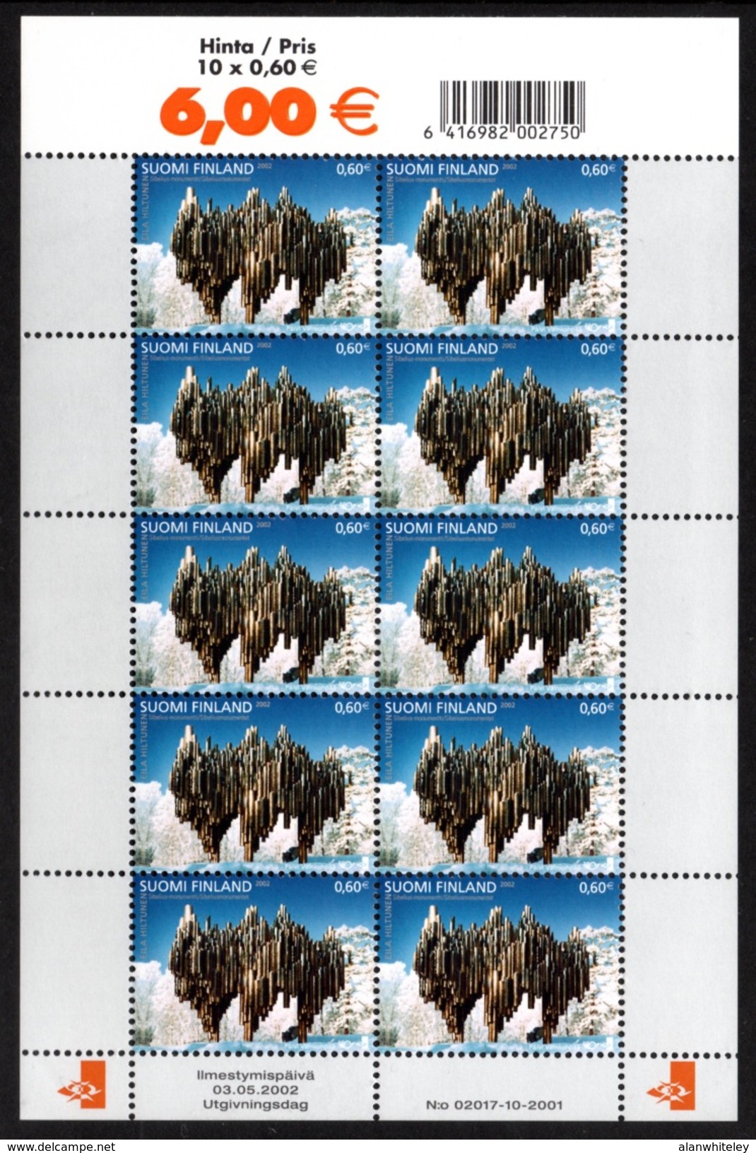 FINLAND 2002 Sibelius Monument: Sheet Of 10 Stamps UM/MNH - Blocks & Sheetlets