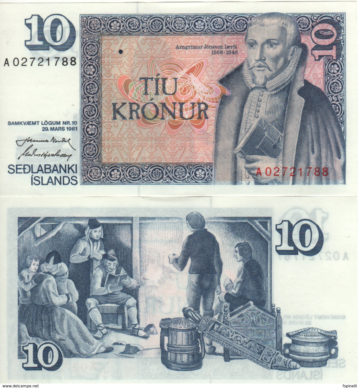 ICELAND  10 Kronur   P48    Dated  29.3.1961 - Iceland