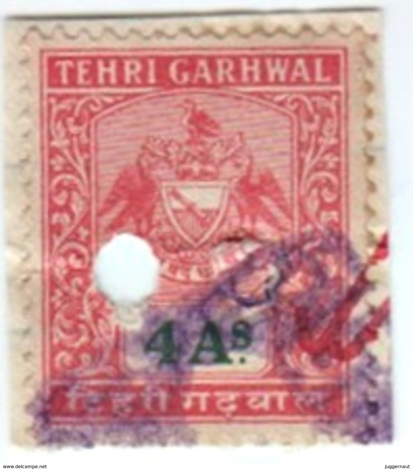 INDIA TEHRI GARHWAL PRINCELY STATE 4-ANNAS REVENUE STAMP 1940-45 GOOD/USED - Autres & Non Classés