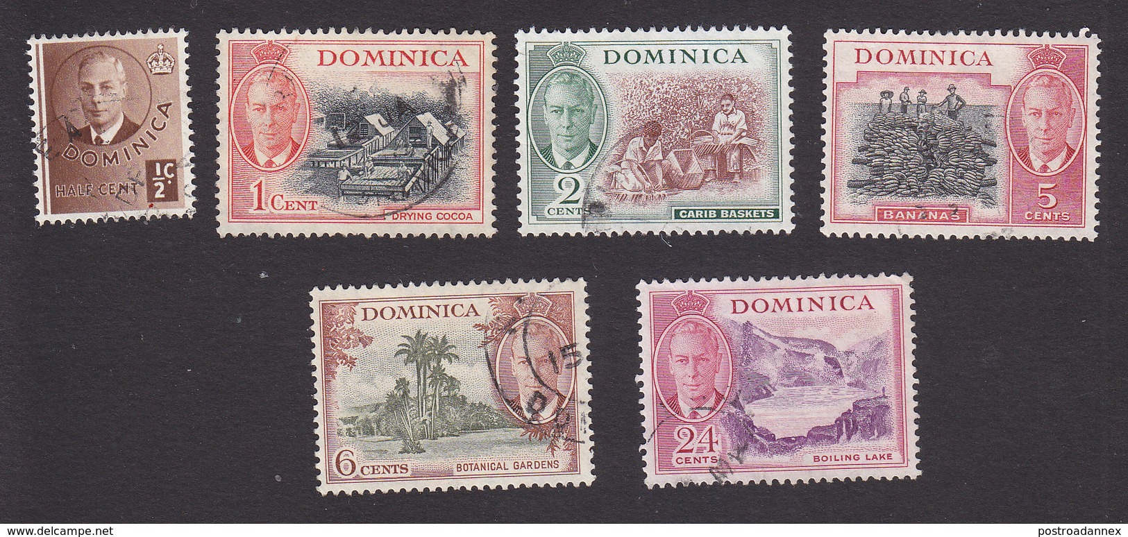 Dominica, Scott #122-124, 127-128, 132, Used, George VI And Scenes Of Dominica, Issued 1951 - Dominique (...-1978)