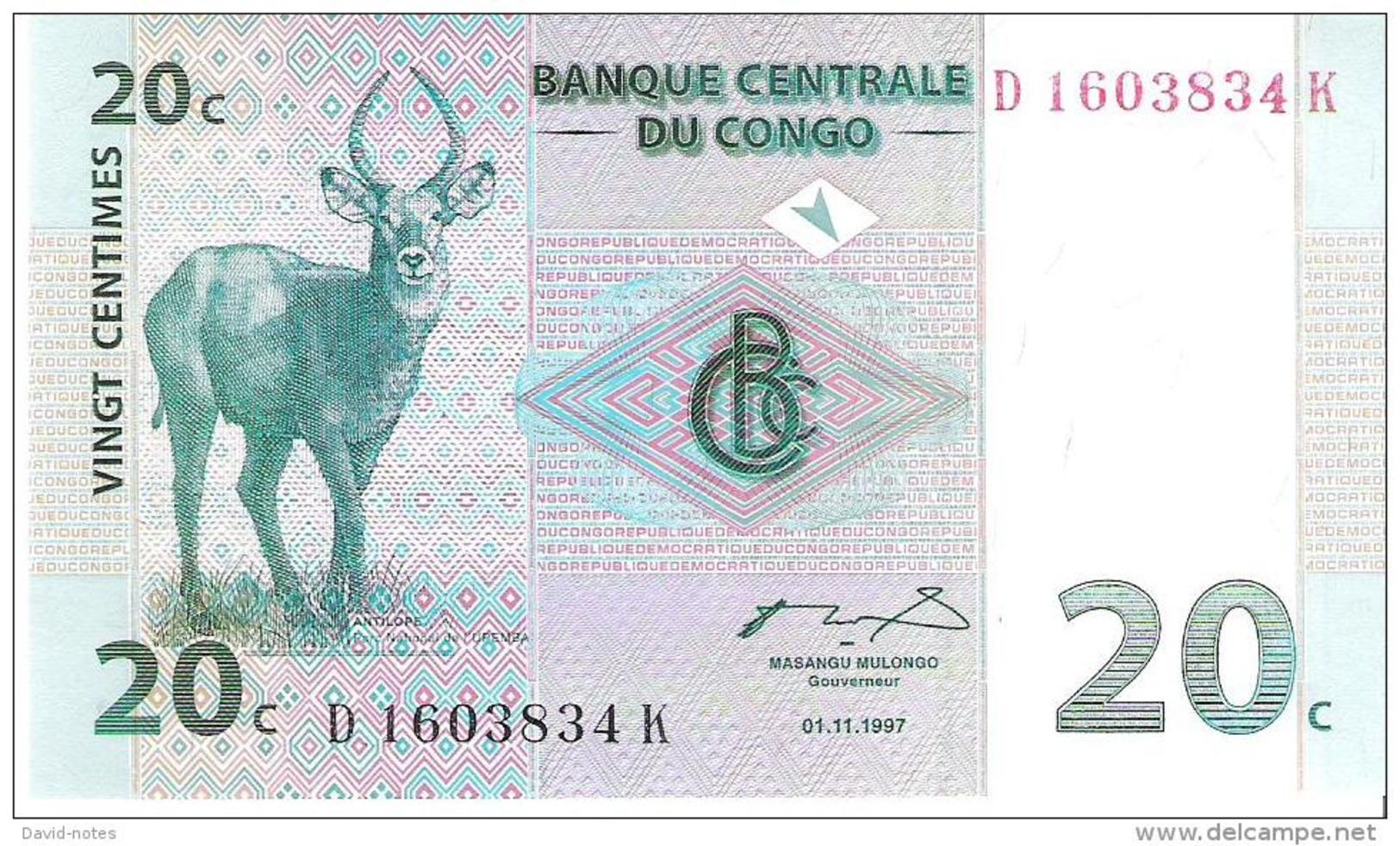 Congo - Pick 83 - 20 Centimes 1997 - Unc - Repubblica Democratica Del Congo & Zaire