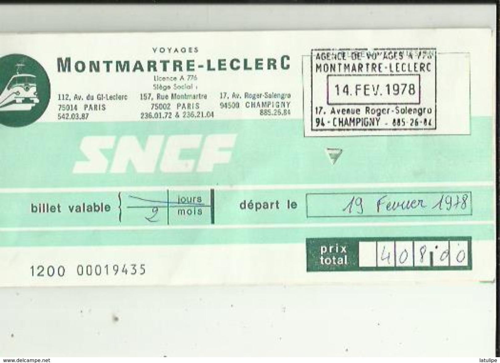 Titre De Transports _Agence De Voyages MONTMARTRE-LECLERC A Champigny 94 Du 14-02-1978-4 Billets - Europe