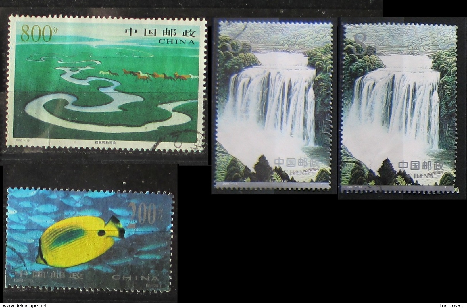 Cina 1998 Horses And Fish Used 2° Choice 2001 Cascate Waterfall Huangguoshu X2 - Usados