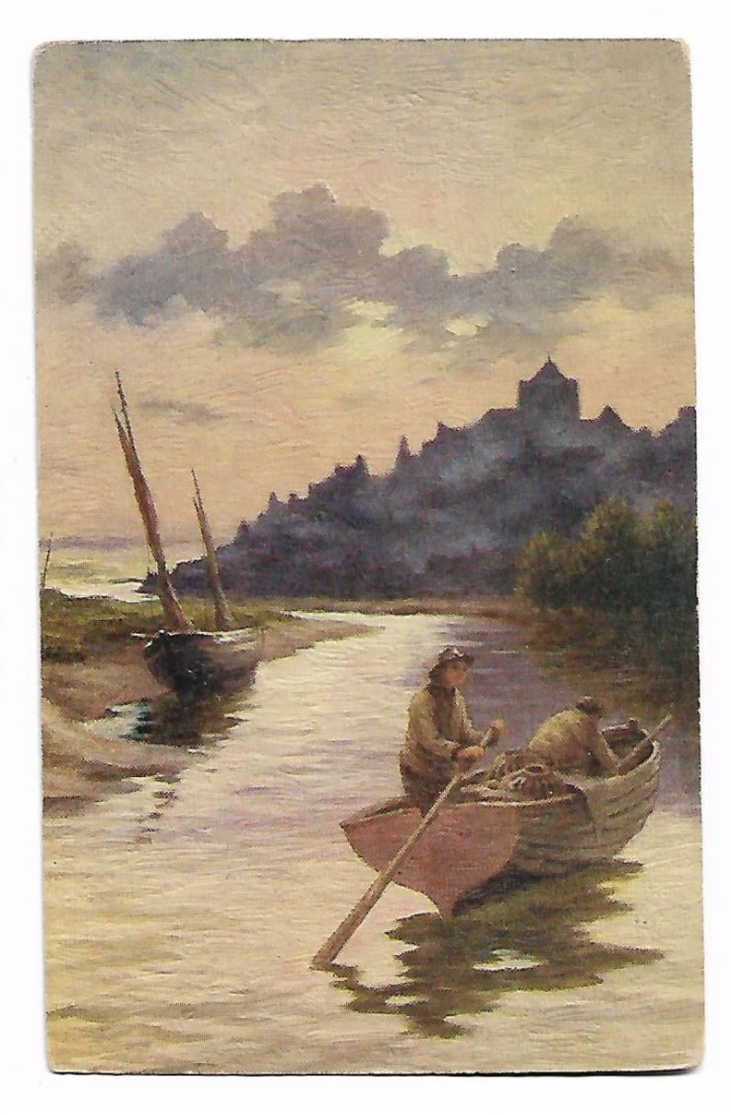 Pecheurs  Dans  Bateau à  Rames , Fleuve Et Silhouette De  Ville Sur Colline - 1900-1949