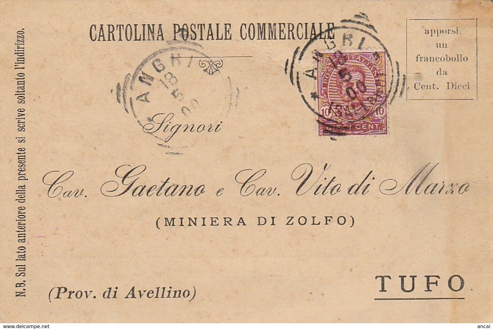 Angri. 1900. Annullo Tondo Riquadrato ANGRI (SALERNO), Su Cartolina Postale - Marcofilía