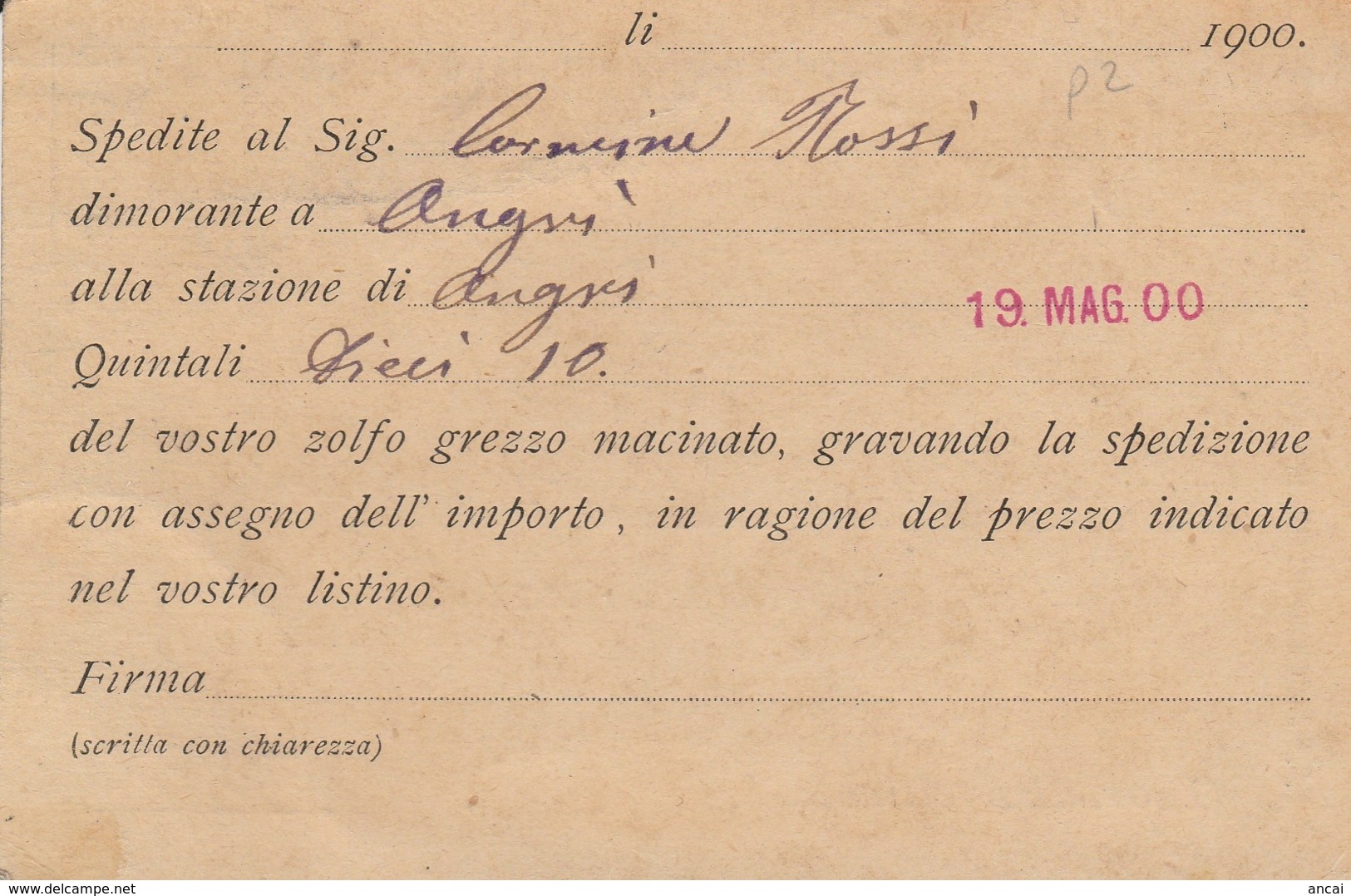 Angri. 1900. Annullo Tondo Riquadrato ANGRI (SALERNO), Su Cartolina Postale - Marcofilía