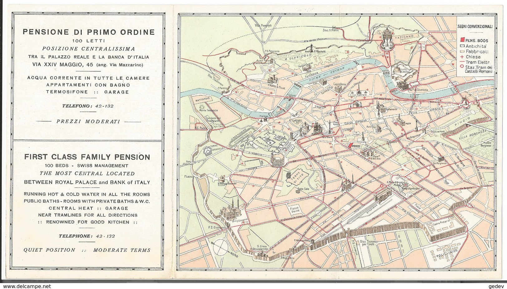 Italie, Rome Publicité Pensione BOOS-ROMA, Propiétaire J.Schmidli,  Dépliant 3x9x15 (4345) - Publicités