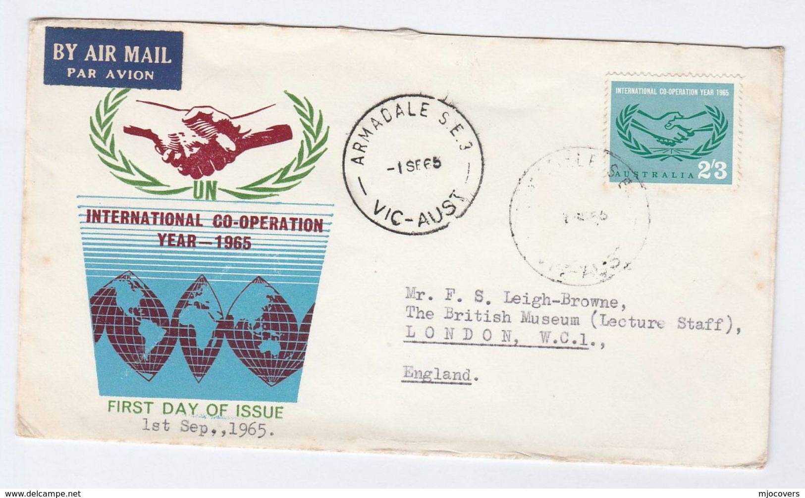 1965 Air Mail Armadale AUSTRALIA FDC 2/3 International Cooperation Year To GB  Un United Nations Airmail Label Cover - Premiers Jours (FDC)