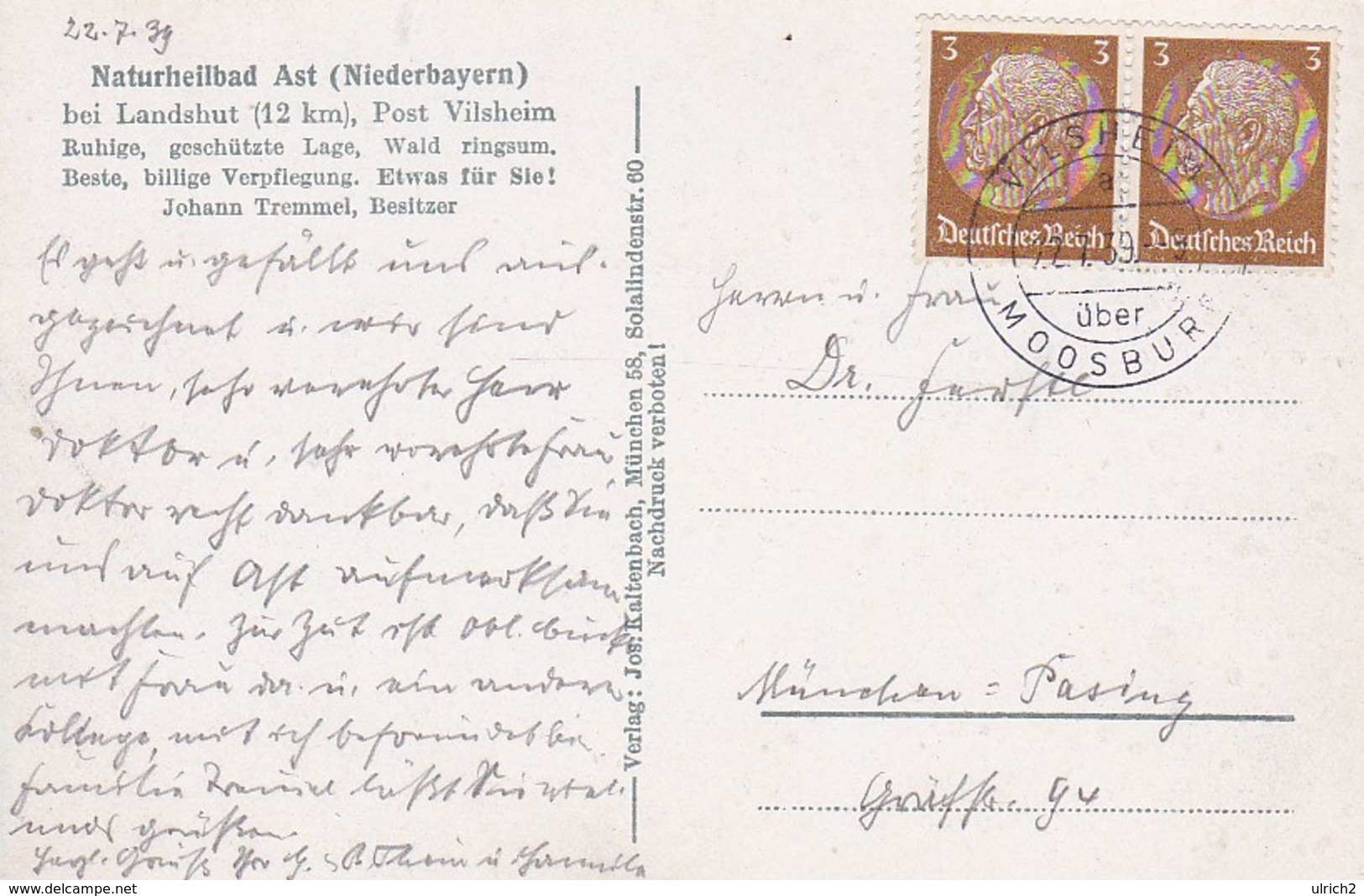 AK Naturheilbad Bad Ast Bei Landshut - Stempel Vilsheim über Moosburg - 1939 (31332) - Vilshofen