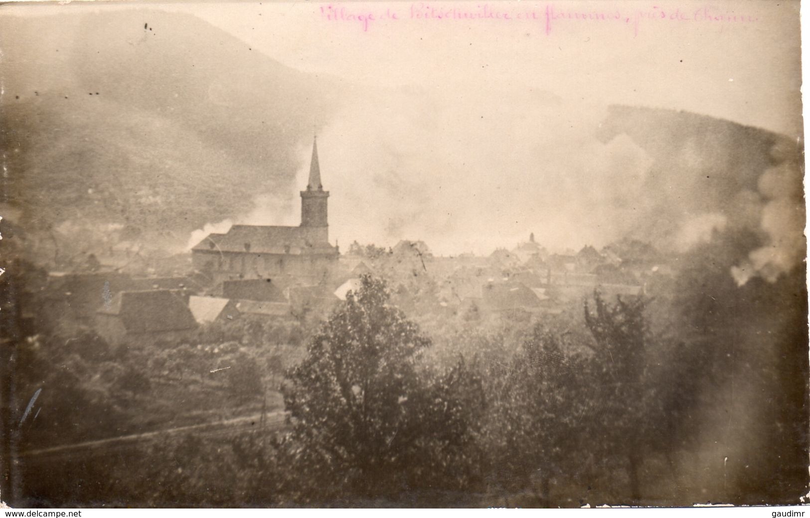 PHOTO FRANÇAISE - LE VILLAGE DE BITSCHWILLER EN FLAMME PRES DE THANN - ALSACE GUERRE 1914 1918 - 1914-18