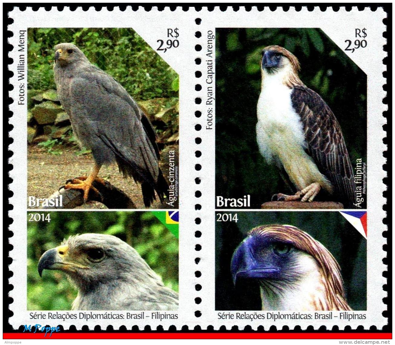 Ref. BR-3278 BRAZIL 2014 - DIPLOMATIC RELATIONS WITH, PHILIPPINES, EAGLES, MNH, BIRDS 2V Sc# 3278 - Neufs