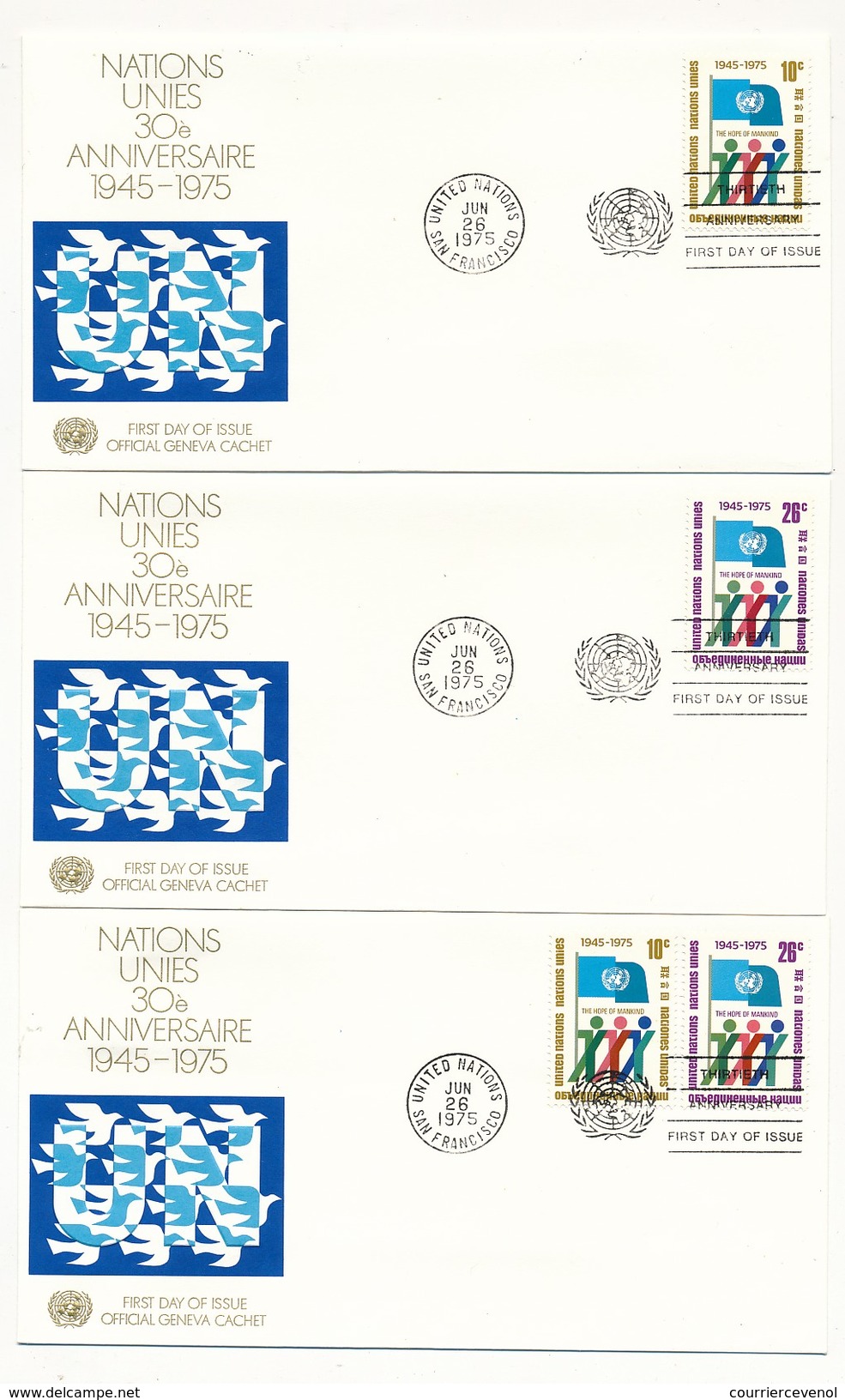 NATIONS UNIES - 16 Enveloppes FDC - 30eme Anniversaire 1975 New York / San Francisco / Genève - UNO
