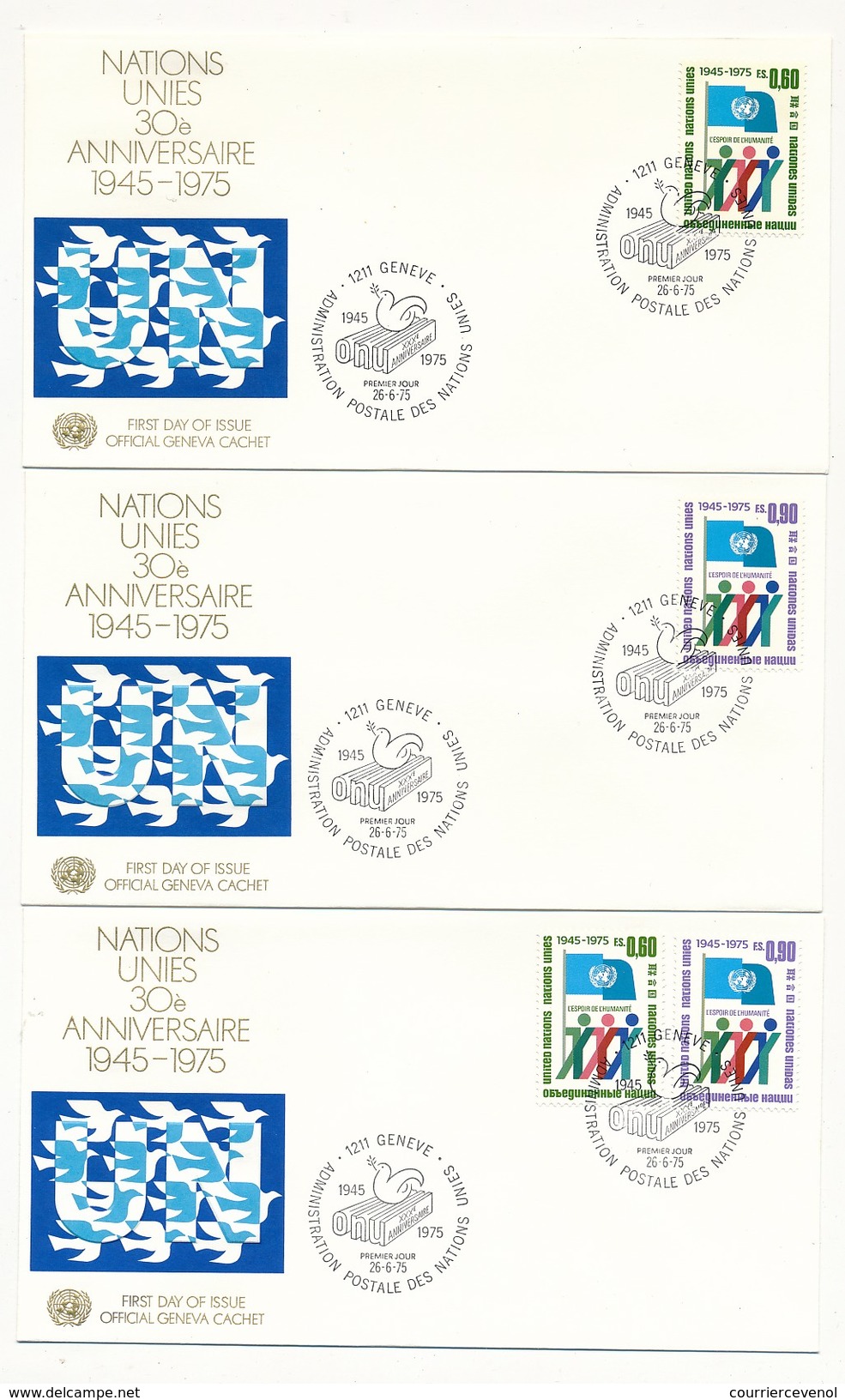 NATIONS UNIES - 16 Enveloppes FDC - 30eme Anniversaire 1975 New York / San Francisco / Genève - ONU