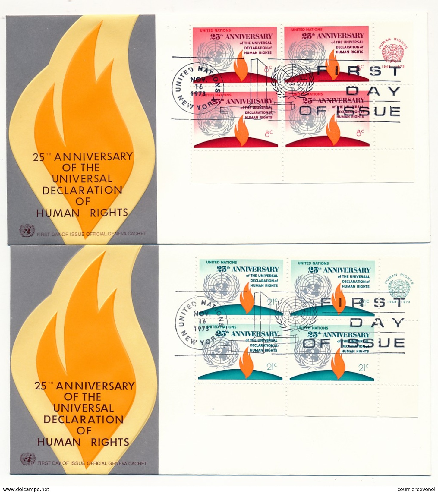 NATIONS UNIES - 10 Enveloppes FDC - 25eme Anniversaire Déclaration Des Droits De L'Homme - New York - Genève - 1973 - UNO