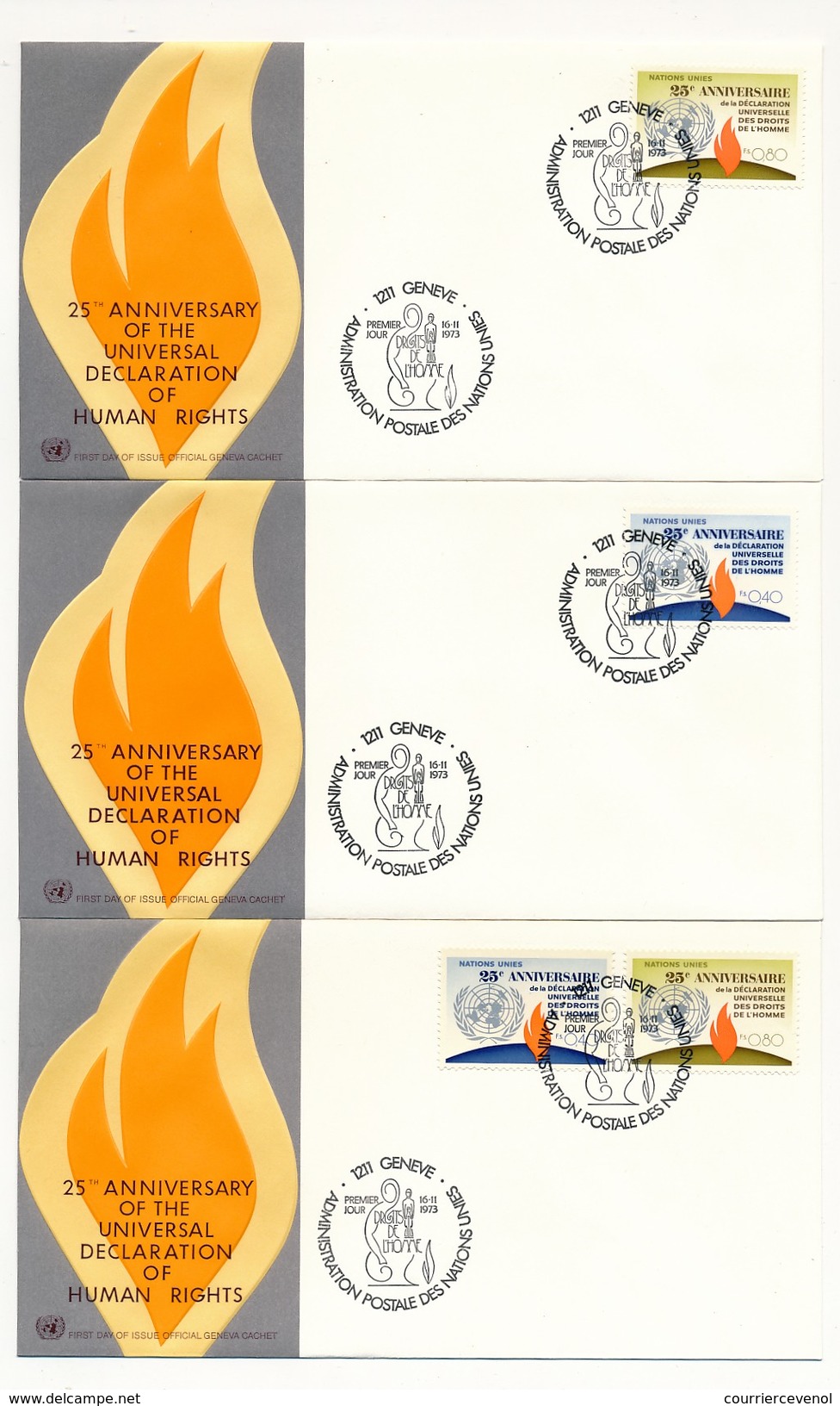 NATIONS UNIES - 10 Enveloppes FDC - 25eme Anniversaire Déclaration Des Droits De L'Homme - New York - Genève - 1973 - VN