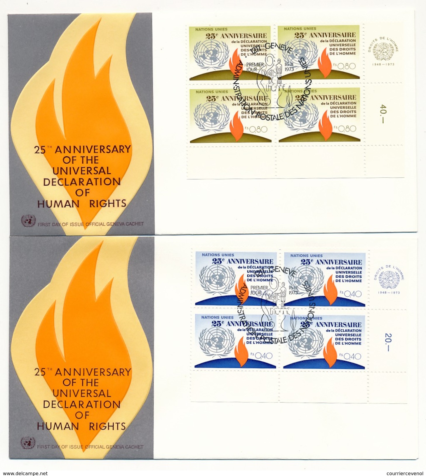 NATIONS UNIES - 10 Enveloppes FDC - 25eme Anniversaire Déclaration Des Droits De L'Homme - New York - Genève - 1973 - ONU