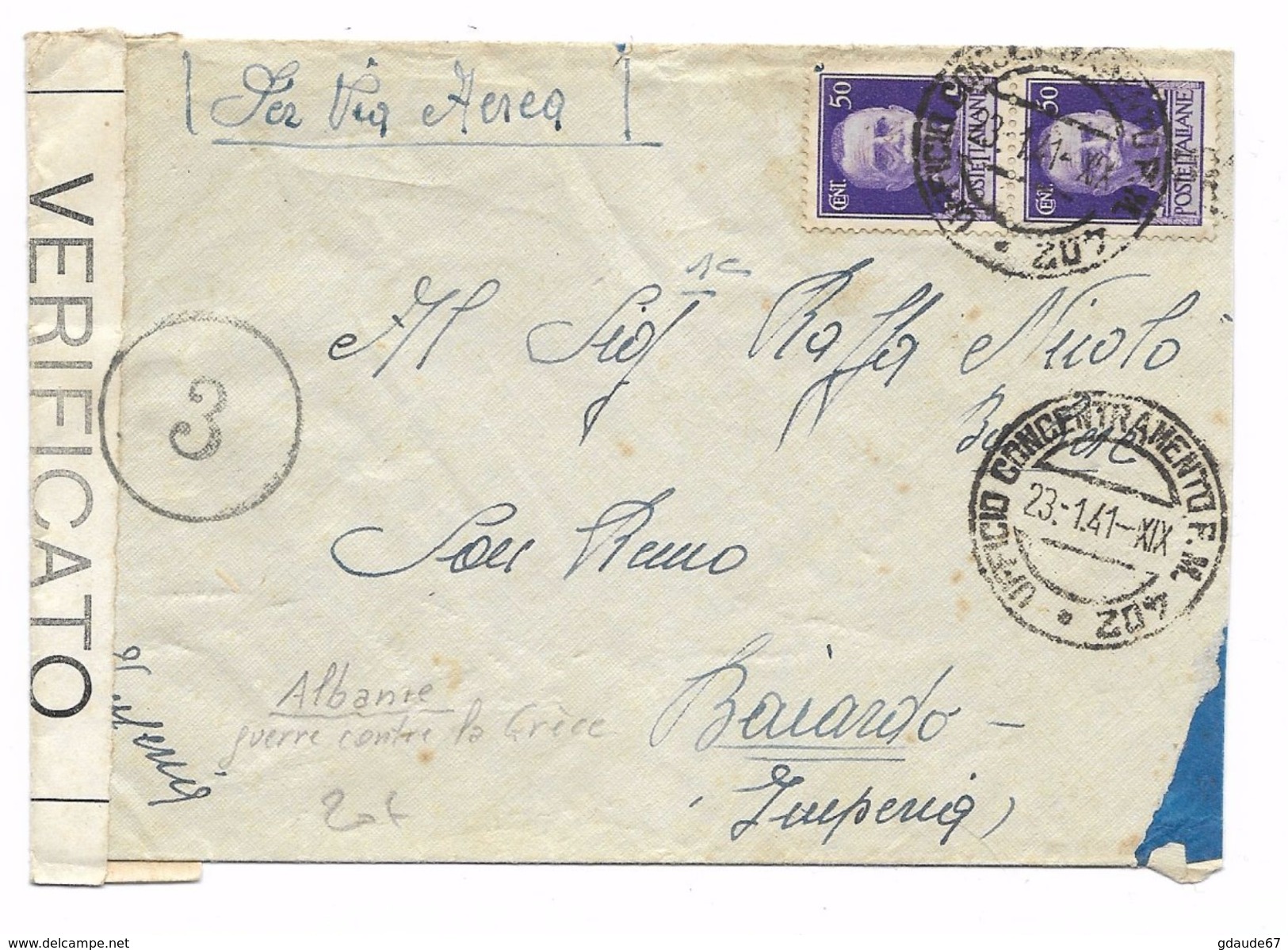 ALBANIA - OCCUPAZIONE ITALIANA - 1941 - ENVELOPPE Avec TàD UFFICIO CONCENTRAMENTO F. M. 402 Avec CENSURE / CENSURA - Albanien