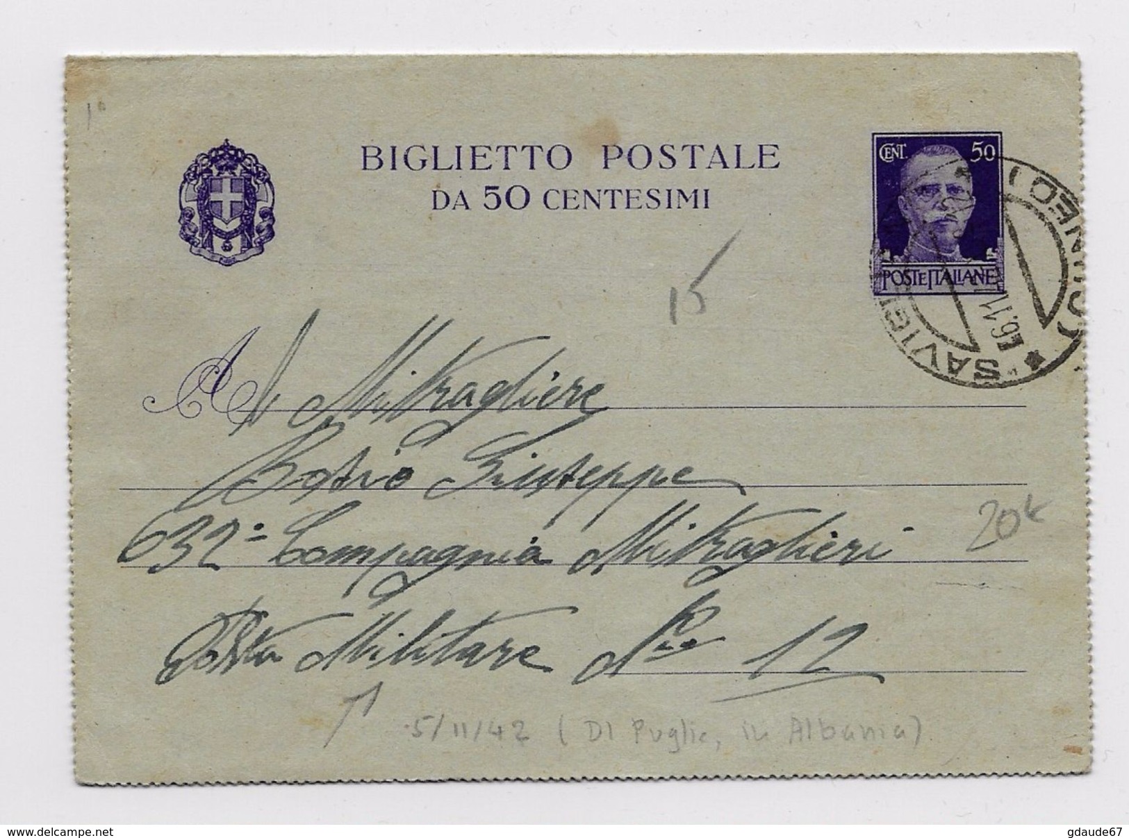 ALBANIA - OCCUPAZIONE ITALIANA - 1942 - CARTE LETTRE Di SAVIGLIANO Per La POSTA MILITARE N° 12 - Albanië